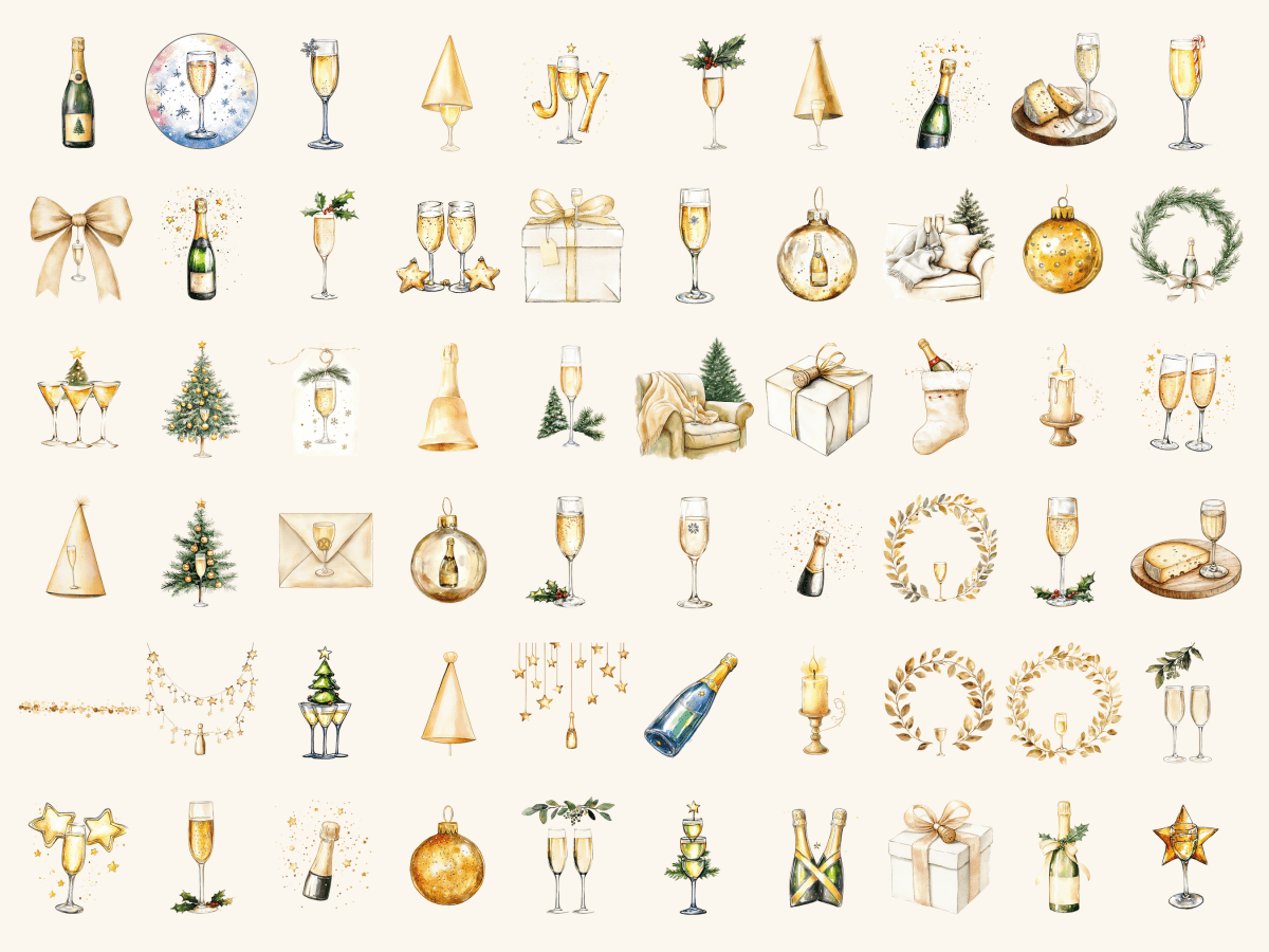 Champagne Christmas Watercolor Clipart All Bundles Clipart Line Art - WondersArtist