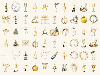 Champagne Christmas Watercolor Clipart All Bundles Clipart Line Art - WondersArtist