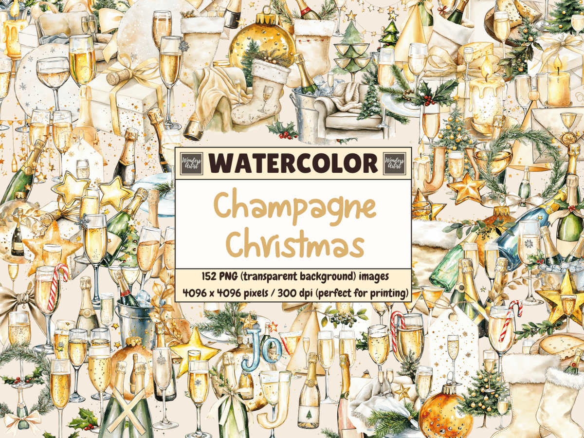 Champagne Christmas Watercolor Clipart All Bundles Clipart Line Art - WondersArtist