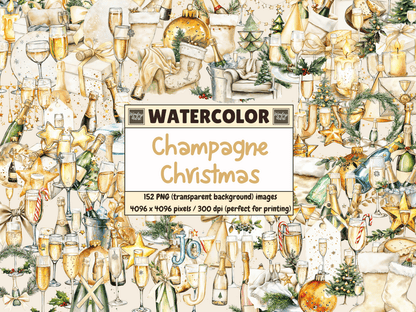 Champagne Christmas Watercolor Clipart All Bundles Clipart Line Art - WondersArtist