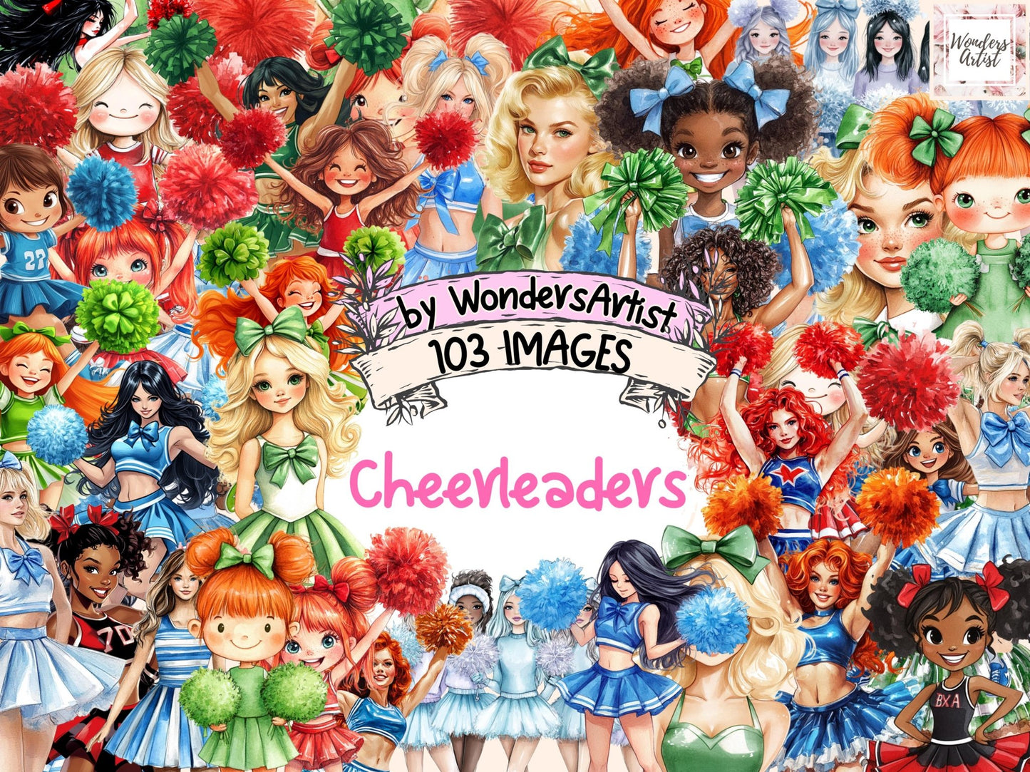 Cheerleaders Watercolor Clipart Bundle - High - Quality Instant Digital Download for Creative Projects