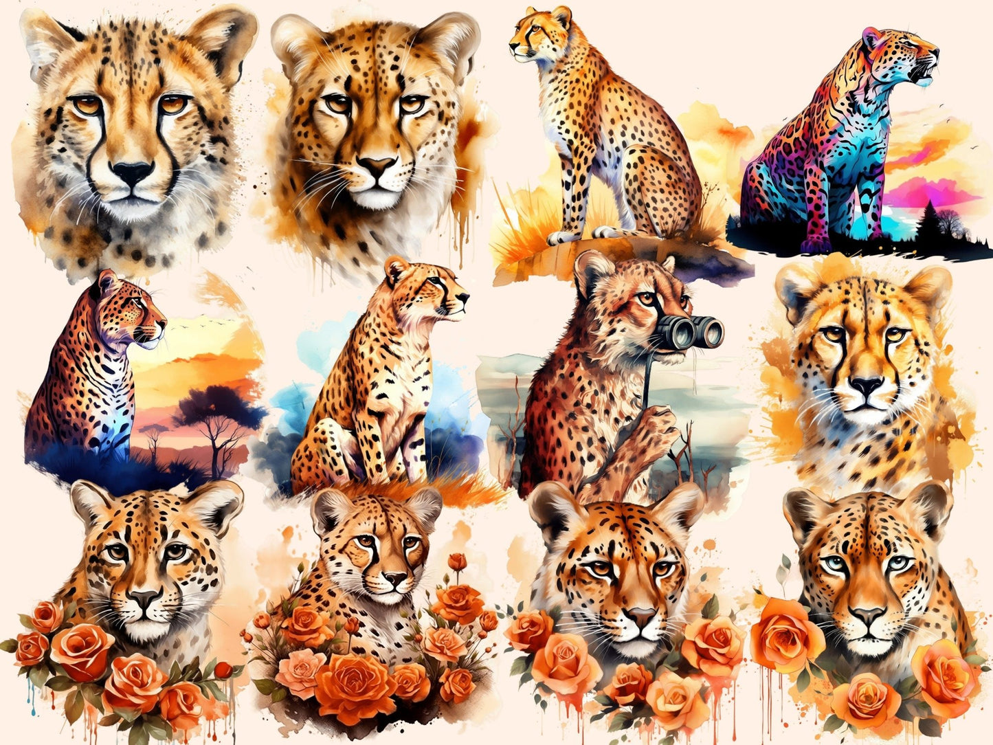 Cheetah Watercolor Clipart - High - Quality Instant Digital Download for Creative Projects