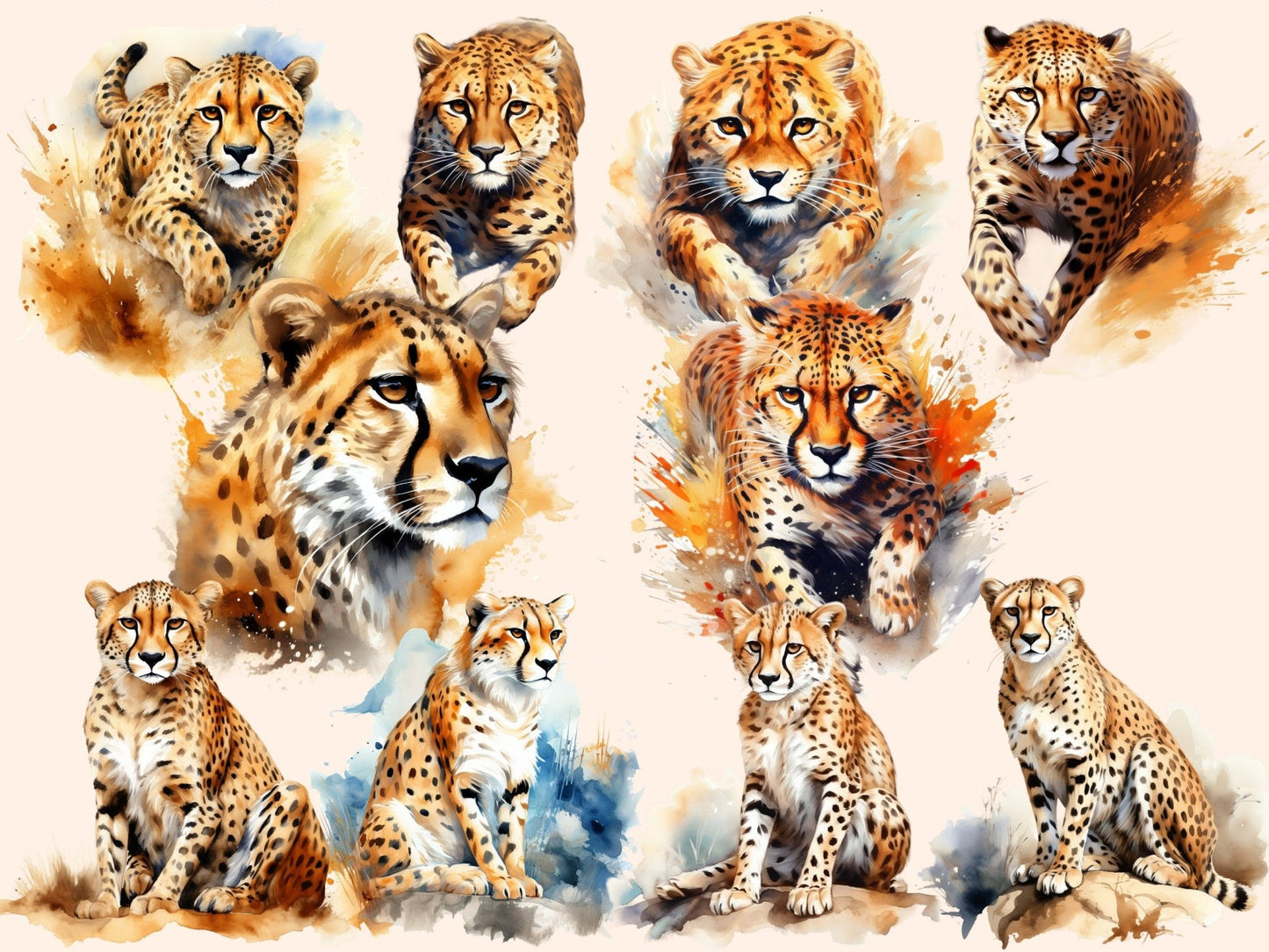 Cheetah Watercolor Clipart - High - Quality Instant Digital Download for Creative Projects