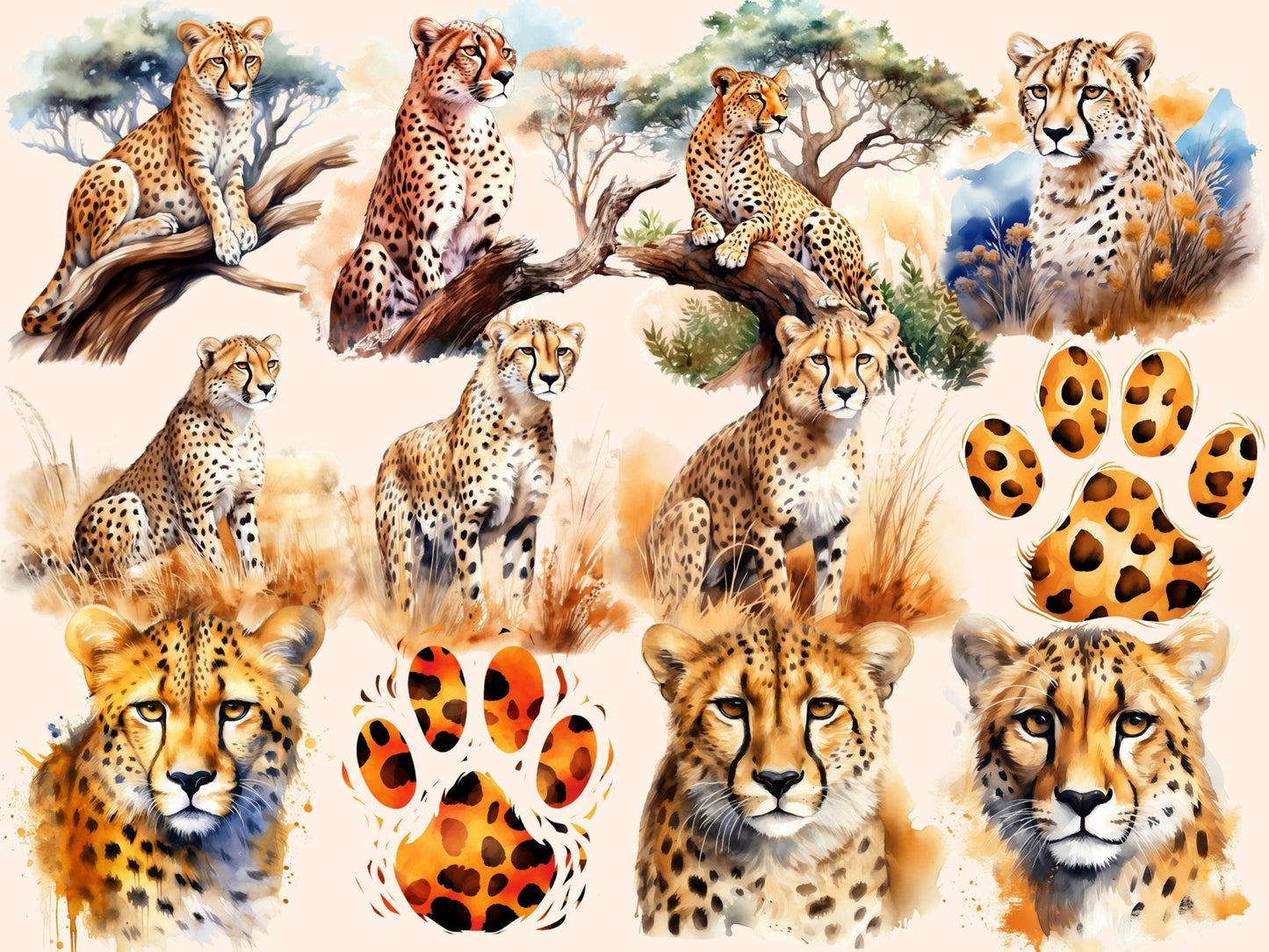 Cheetah Watercolor Clipart - High - Quality Instant Digital Download for Creative Projects