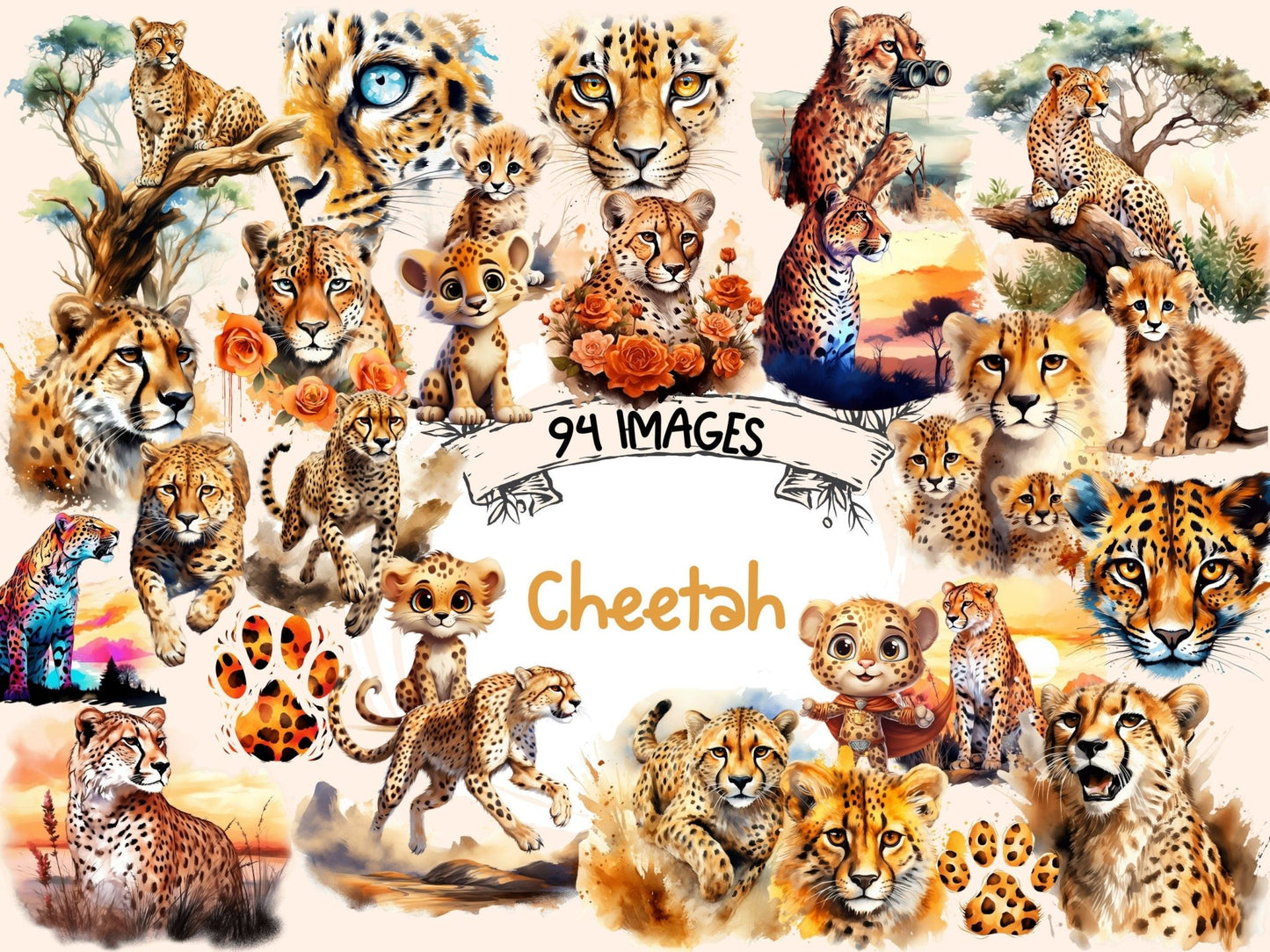 Cheetah Watercolor Clipart - High - Quality Instant Digital Download for Creative Projects