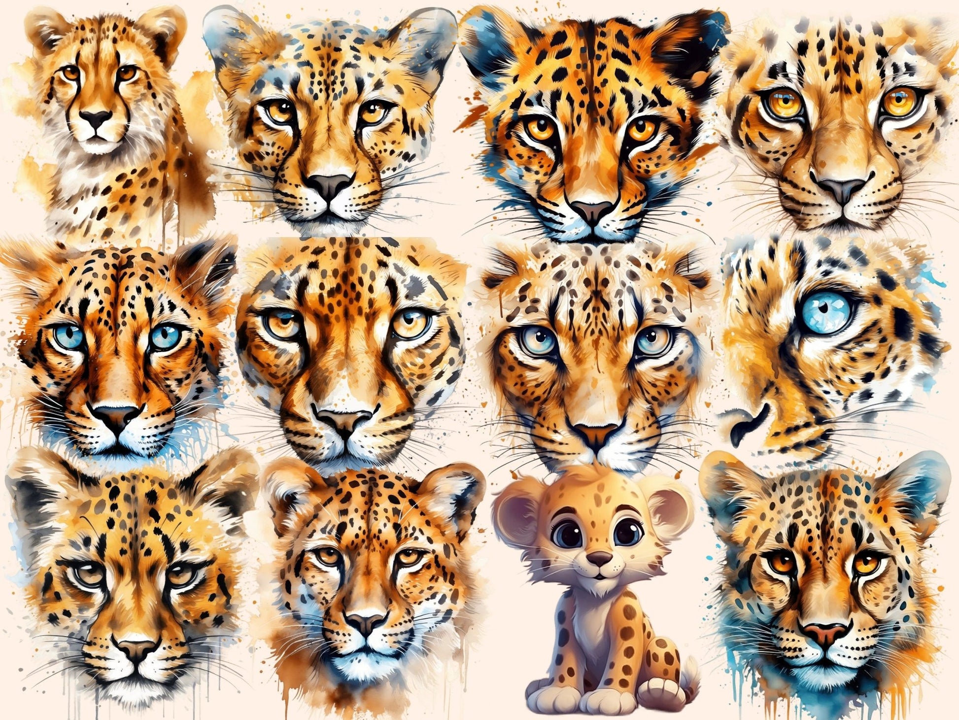 Cheetah Watercolor Clipart - High - Quality Instant Digital Download for Creative Projects