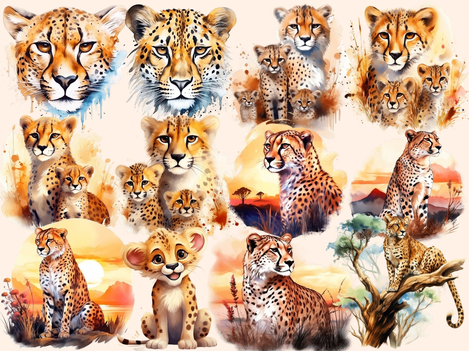 Cheetah Watercolor Clipart - High - Quality Instant Digital Download for Creative Projects