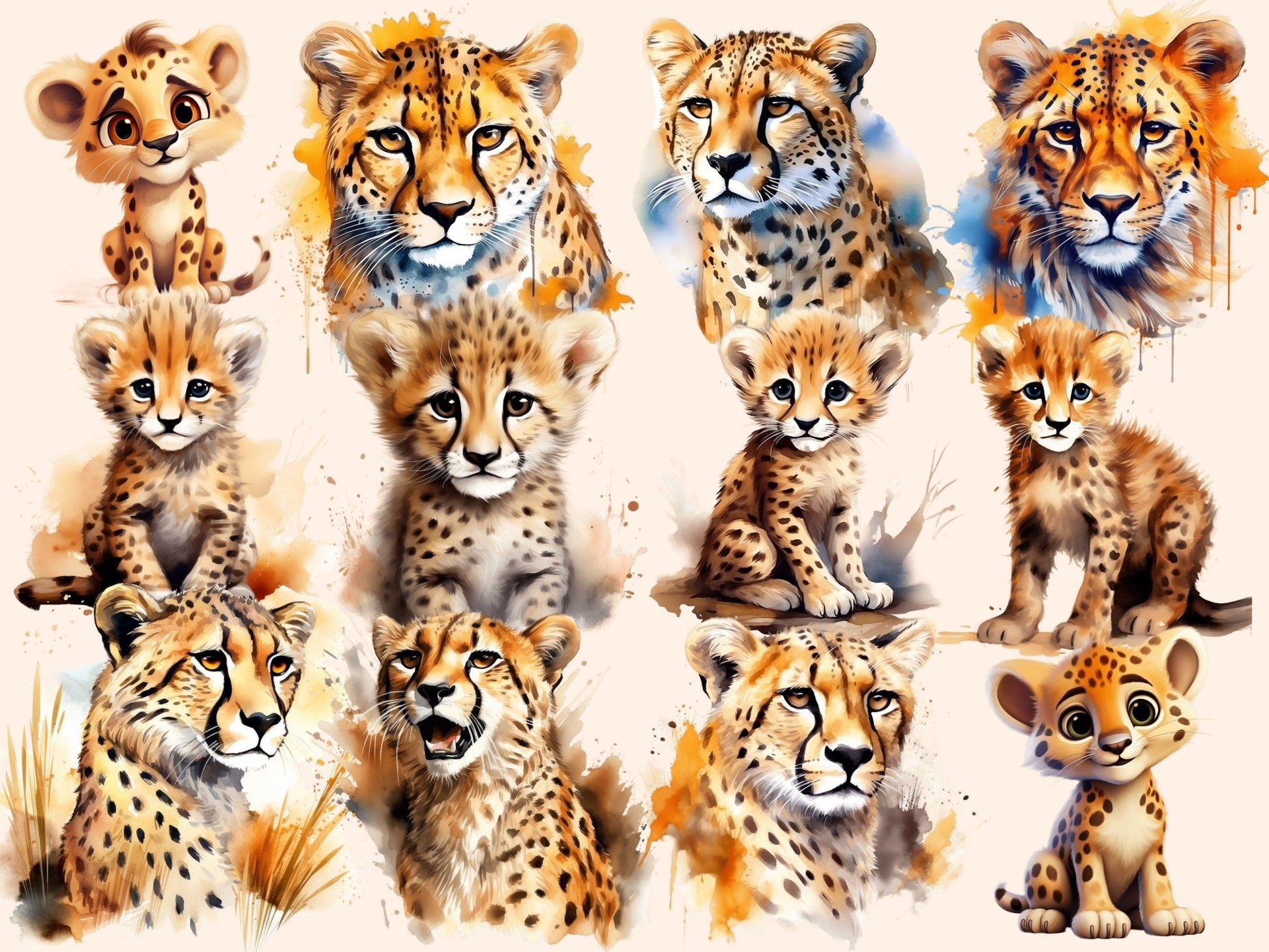 Cheetah Watercolor Clipart - High - Quality Instant Digital Download for Creative Projects