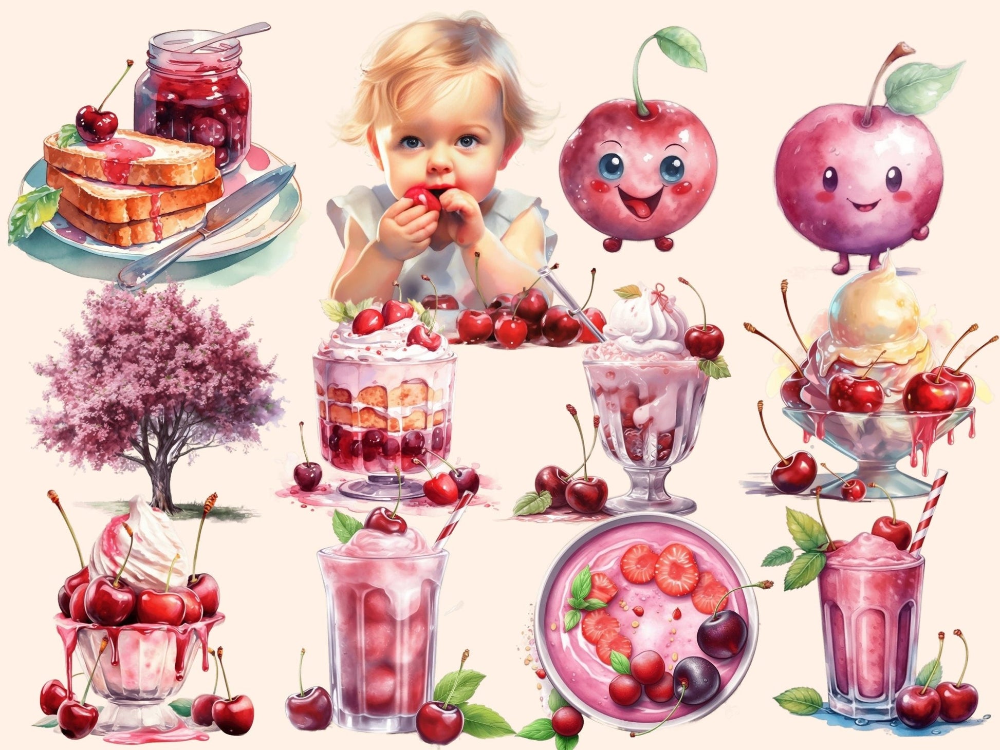 Cherries Watercolor Clipart - High - Quality Instant Digital Download for Creative Projects