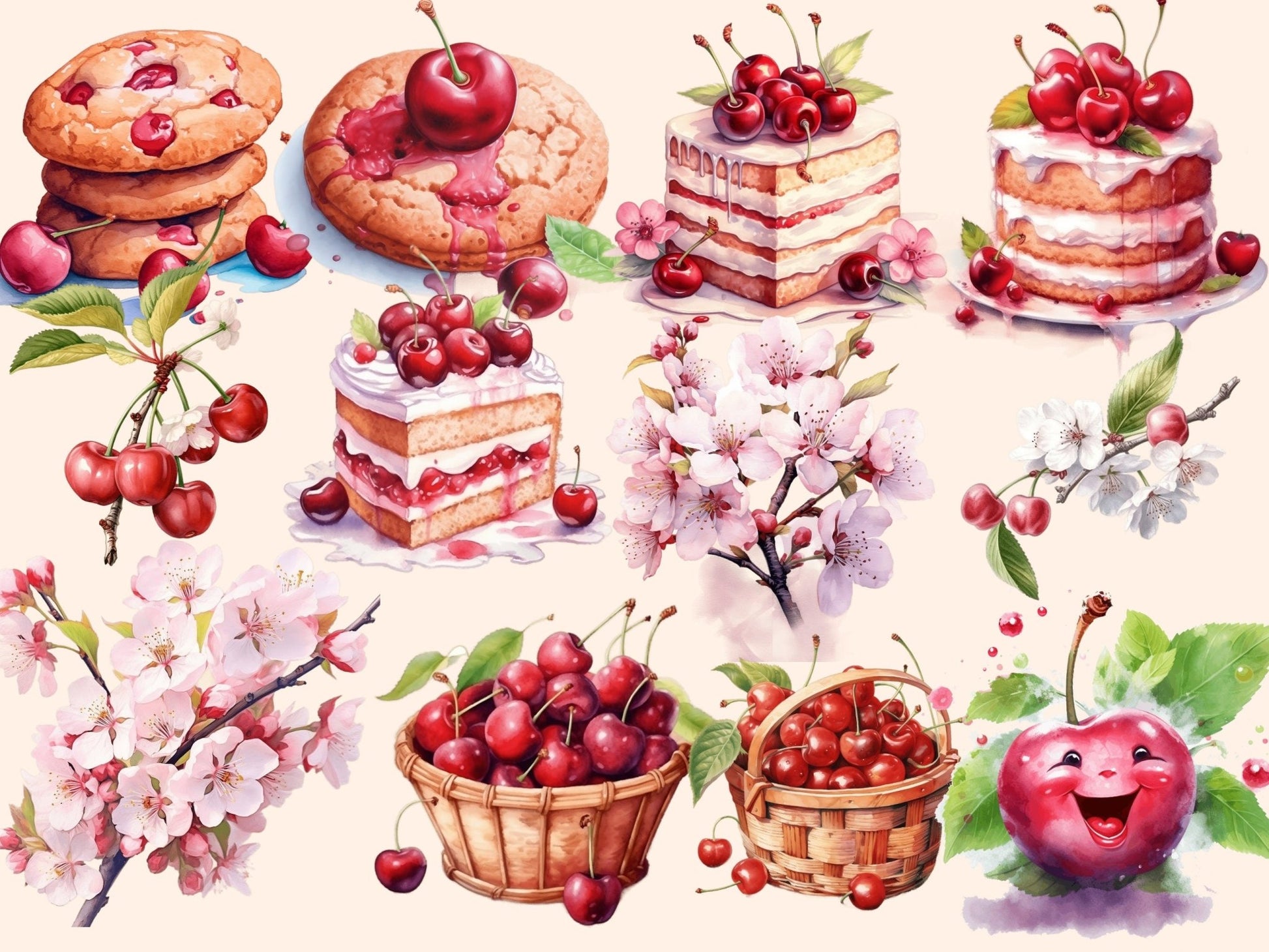 Cherries Watercolor Clipart - High - Quality Instant Digital Download for Creative Projects