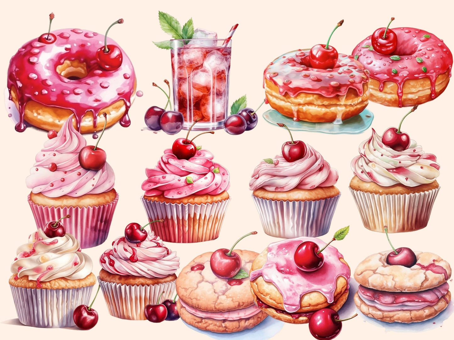 Cherries Watercolor Clipart - High - Quality Instant Digital Download for Creative Projects