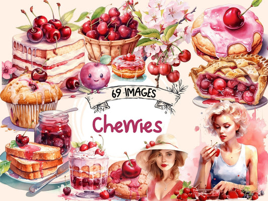 Cherries Watercolor Clipart - High - Quality Instant Digital Download for Creative Projects