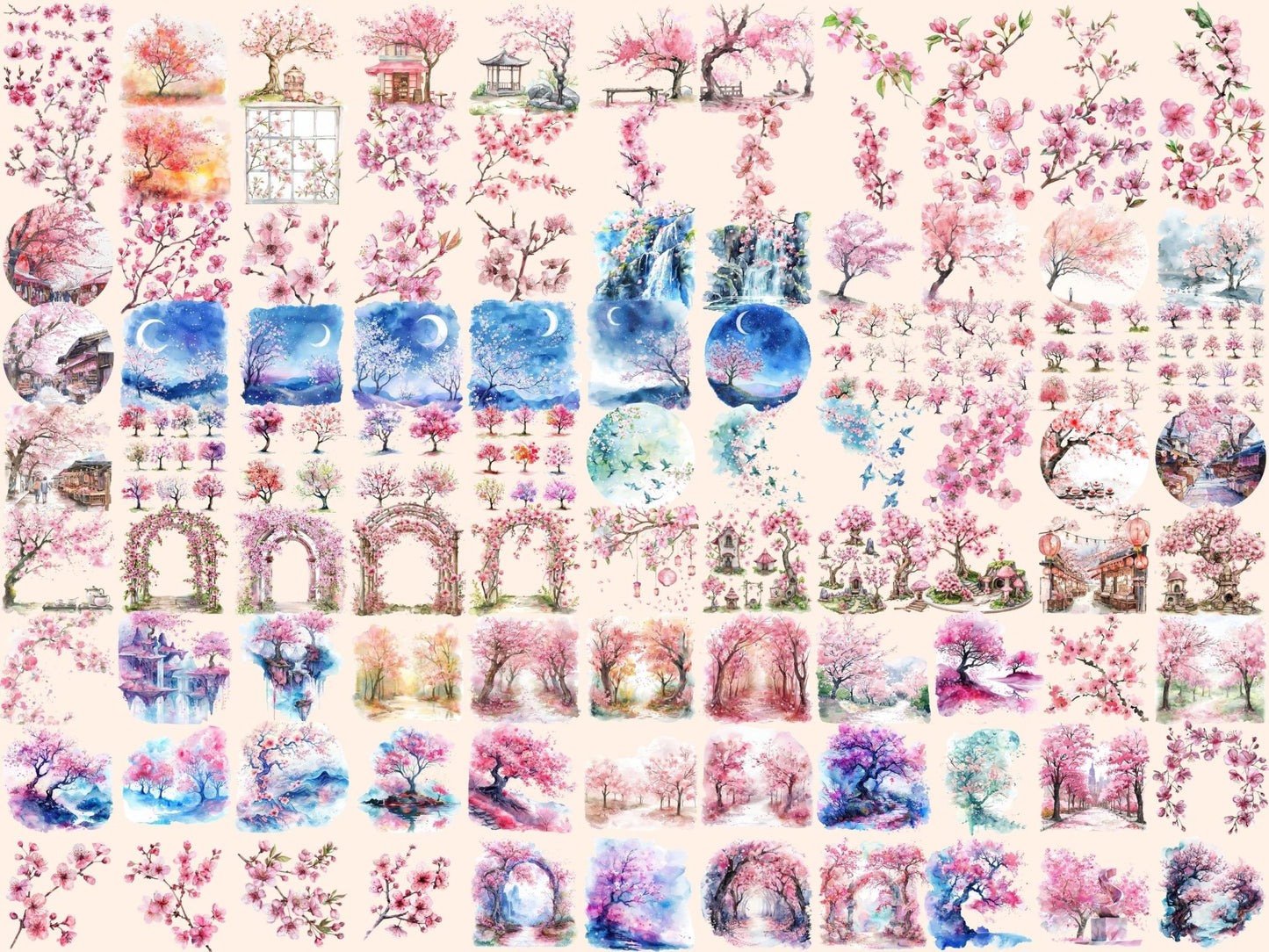 Cherry Blossoms Watercolor Clipart - High - Quality Instant Digital Download for Creative Projects