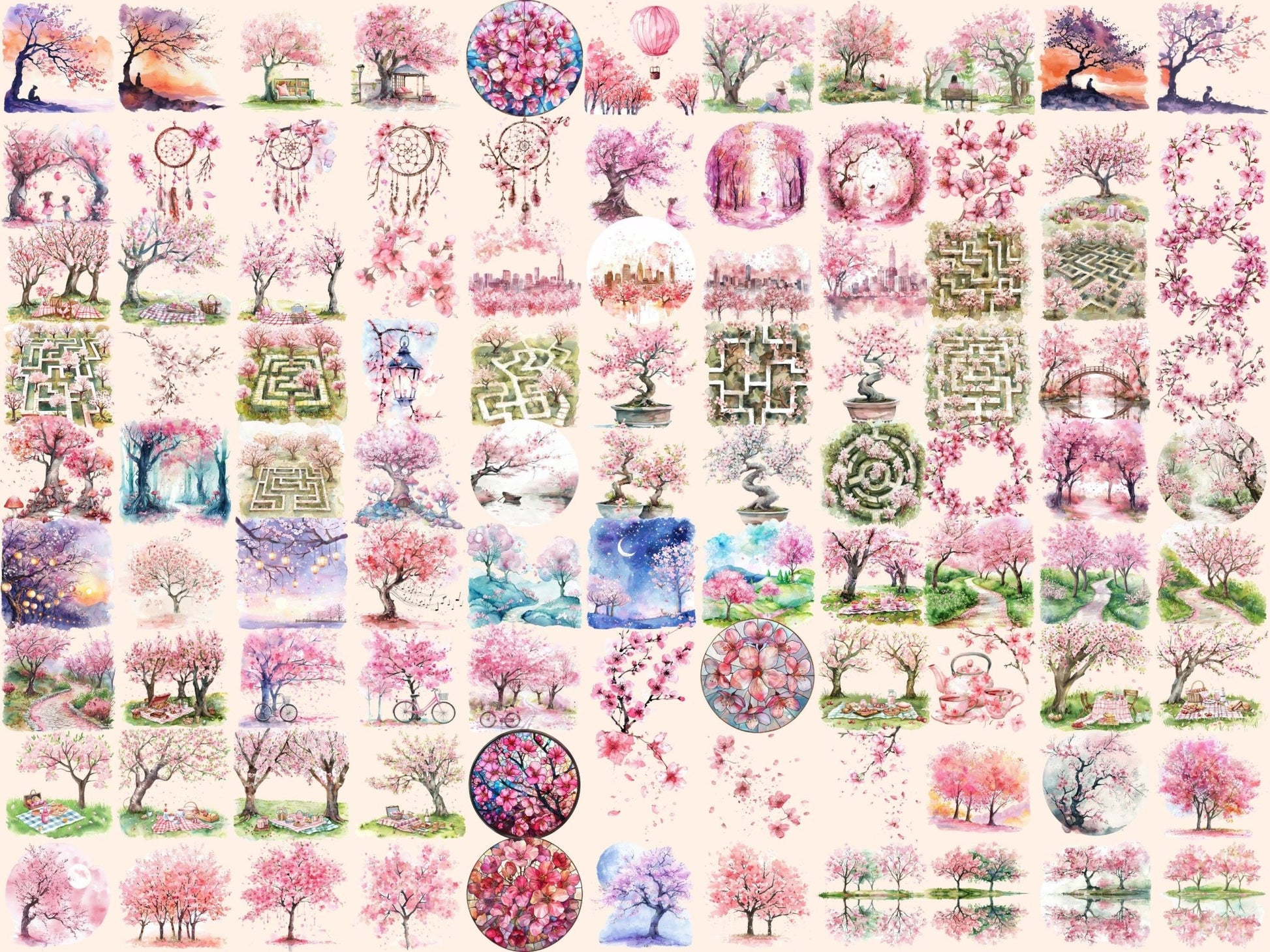 Cherry Blossoms Watercolor Clipart - High - Quality Instant Digital Download for Creative Projects