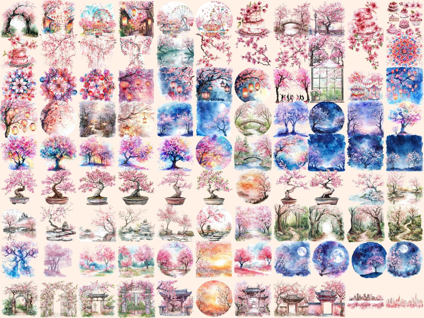 Cherry Blossoms Watercolor Clipart - High - Quality Instant Digital Download for Creative Projects