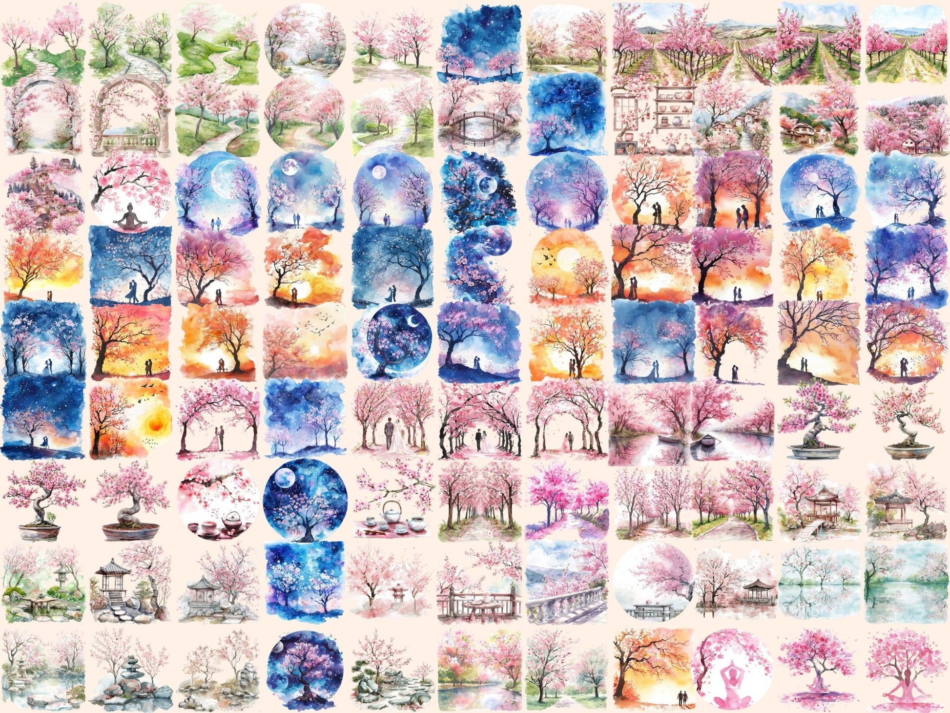 Cherry Blossoms Watercolor Clipart - High - Quality Instant Digital Download for Creative Projects