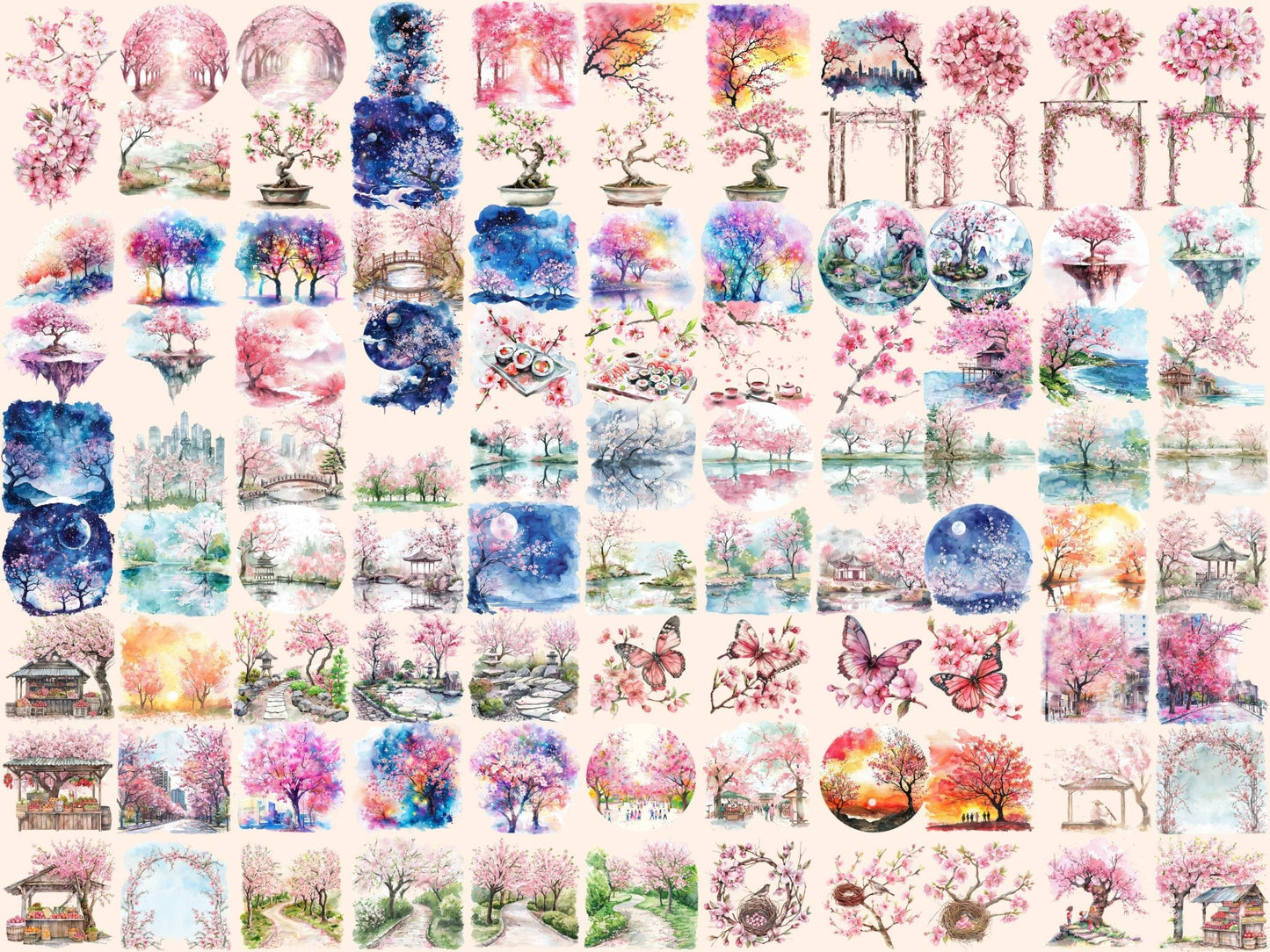 Cherry Blossoms Watercolor Clipart - High - Quality Instant Digital Download for Creative Projects