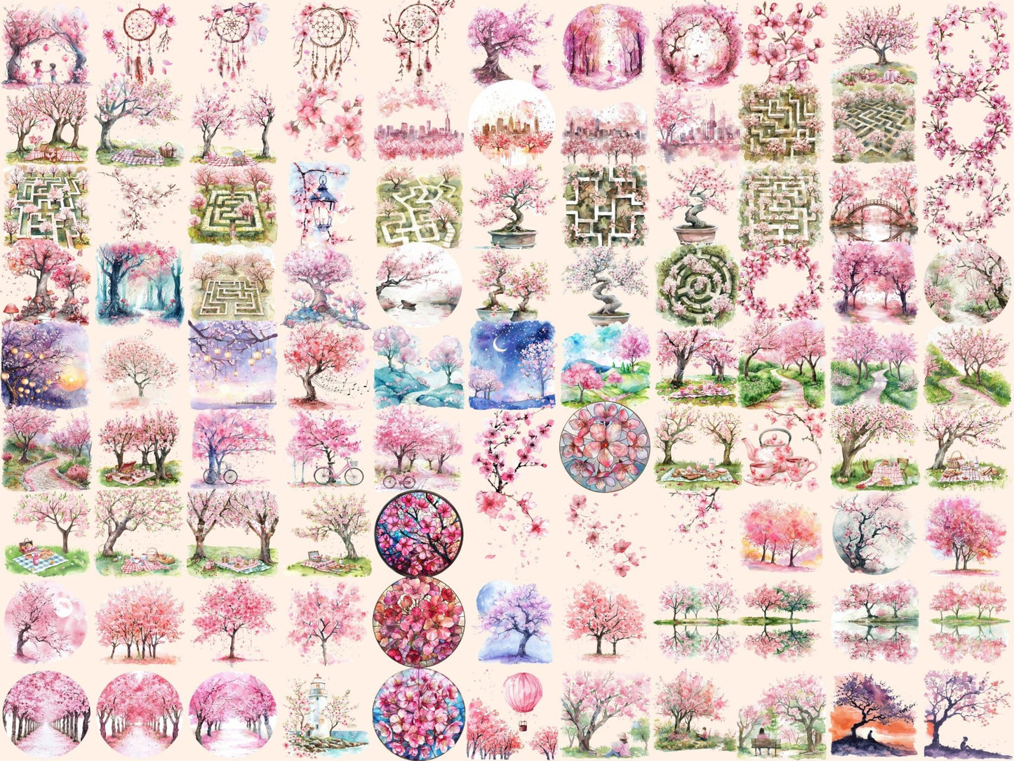 Cherry Blossoms Watercolor Clipart - High - Quality Instant Digital Download for Creative Projects