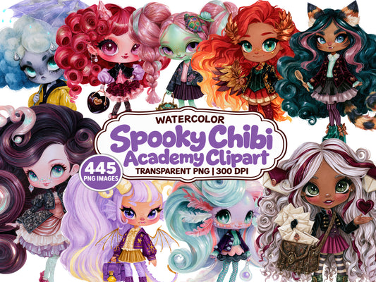 Spooky Chibi Academy Watercolor Clipart
