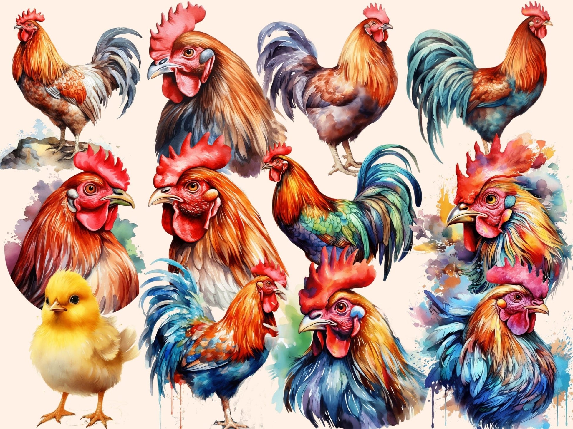 Chickens Watercolor Clipart - High - Quality Instant Digital Download for Creative Projects