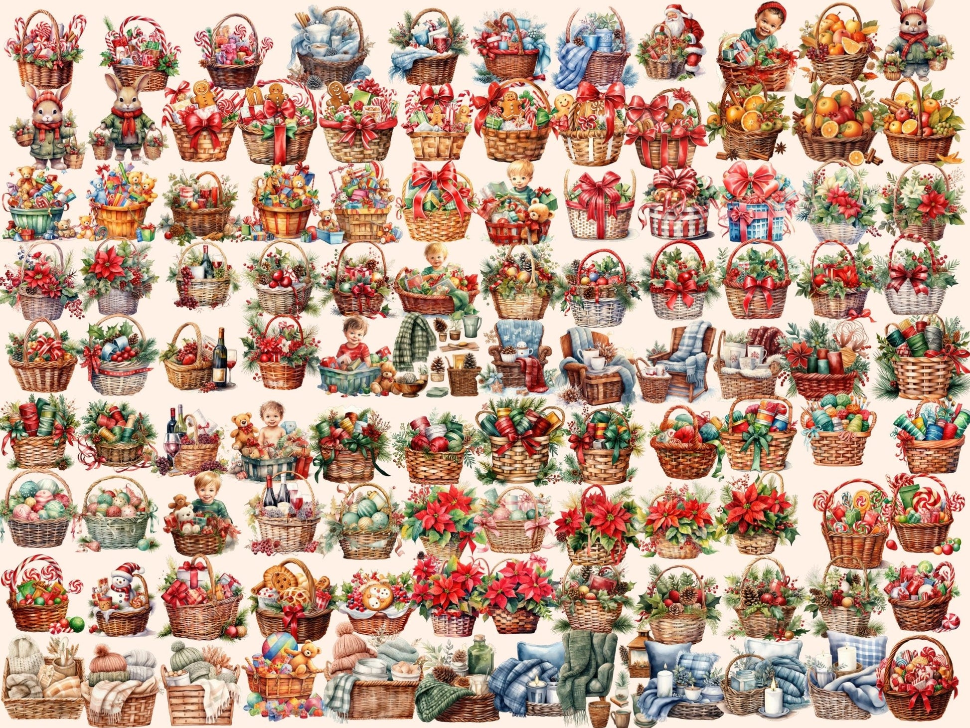 Christmas Baskets Watercolor Clipart - High - Quality Instant Digital Download for Creative Projects