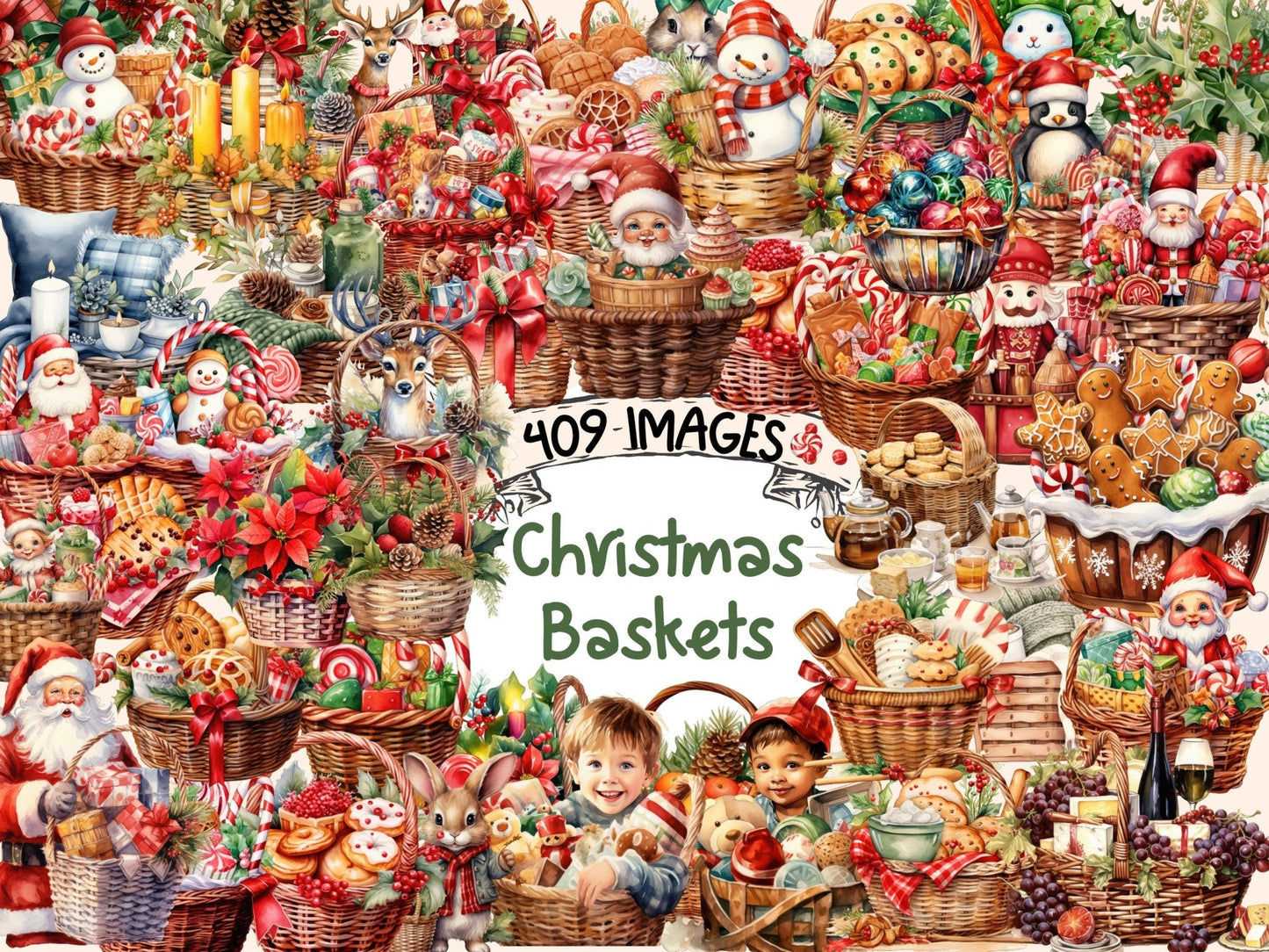 Christmas Baskets Watercolor Clipart - High - Quality Instant Digital Download for Creative Projects