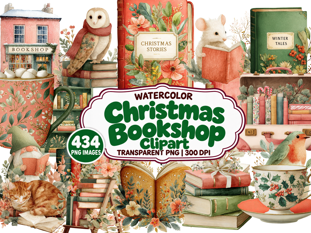 Christmas Bookshop Watercolor Clipart — approved cover