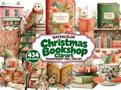 Christmas Bookshop Watercolor Clipart — approved cover