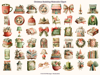 Christmas Bookshop Watercolor Clipart — preview grid 1