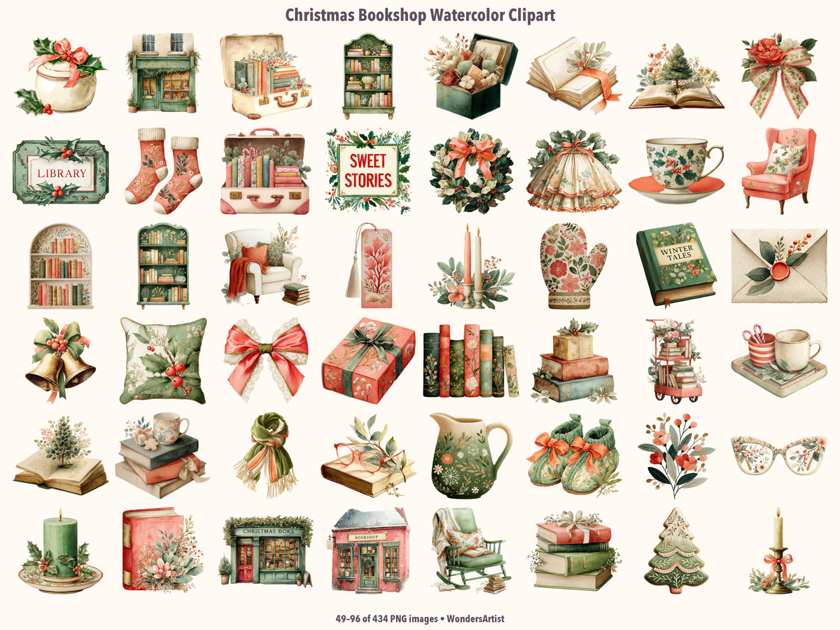 Christmas Bookshop Watercolor Clipart — preview grid 2