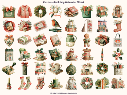 Christmas Bookshop Watercolor Clipart — preview grid 3