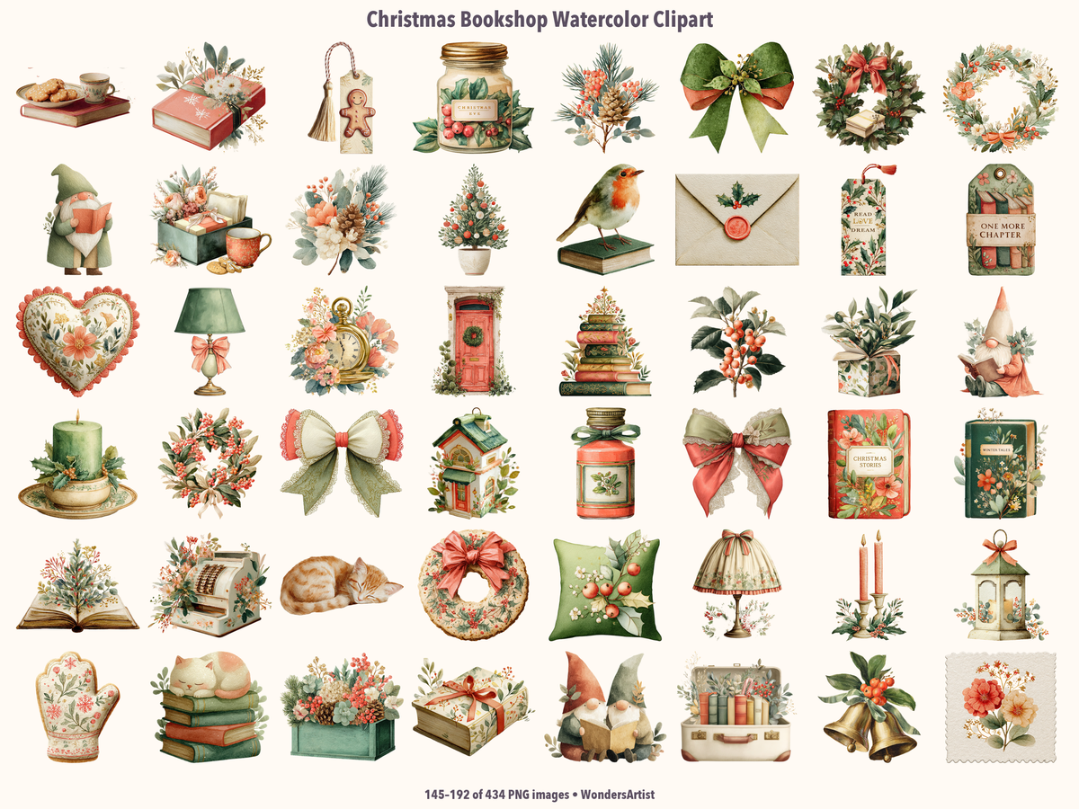 Christmas Bookshop Watercolor Clipart — preview grid 4