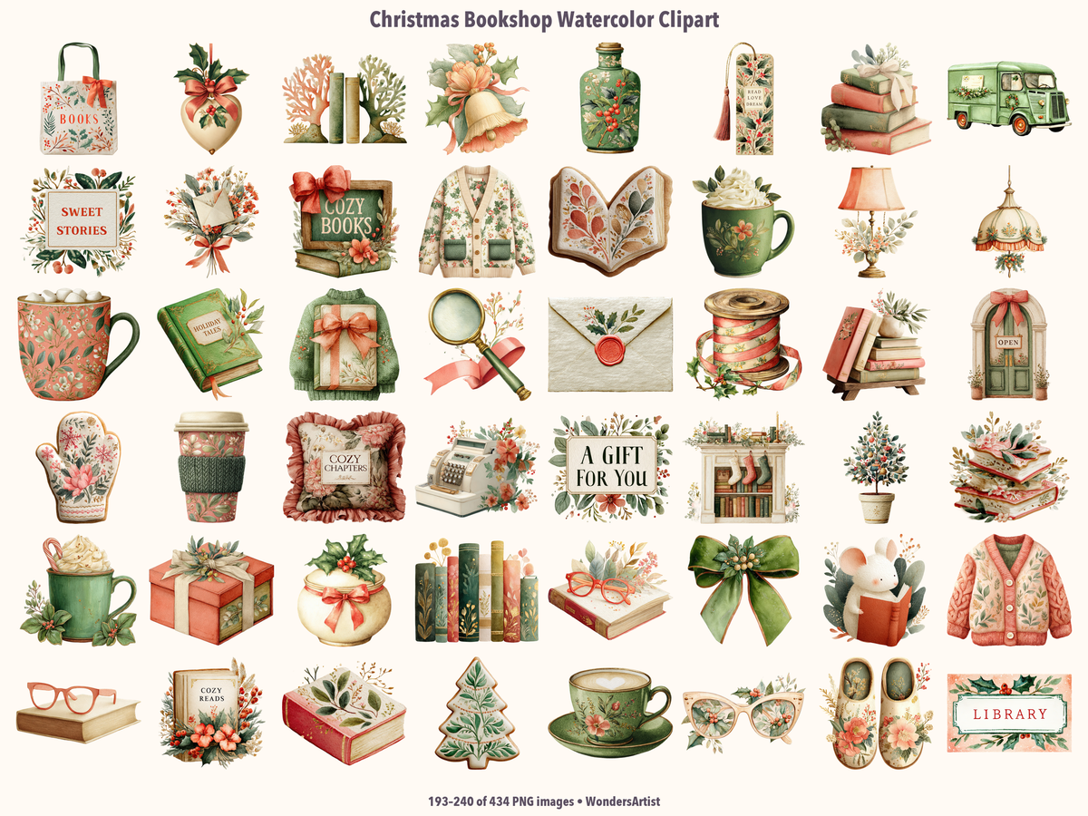 Christmas Bookshop Watercolor Clipart — preview grid 5