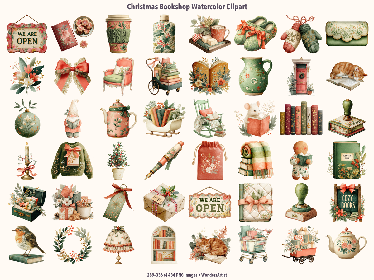 Christmas Bookshop Watercolor Clipart — preview grid 7