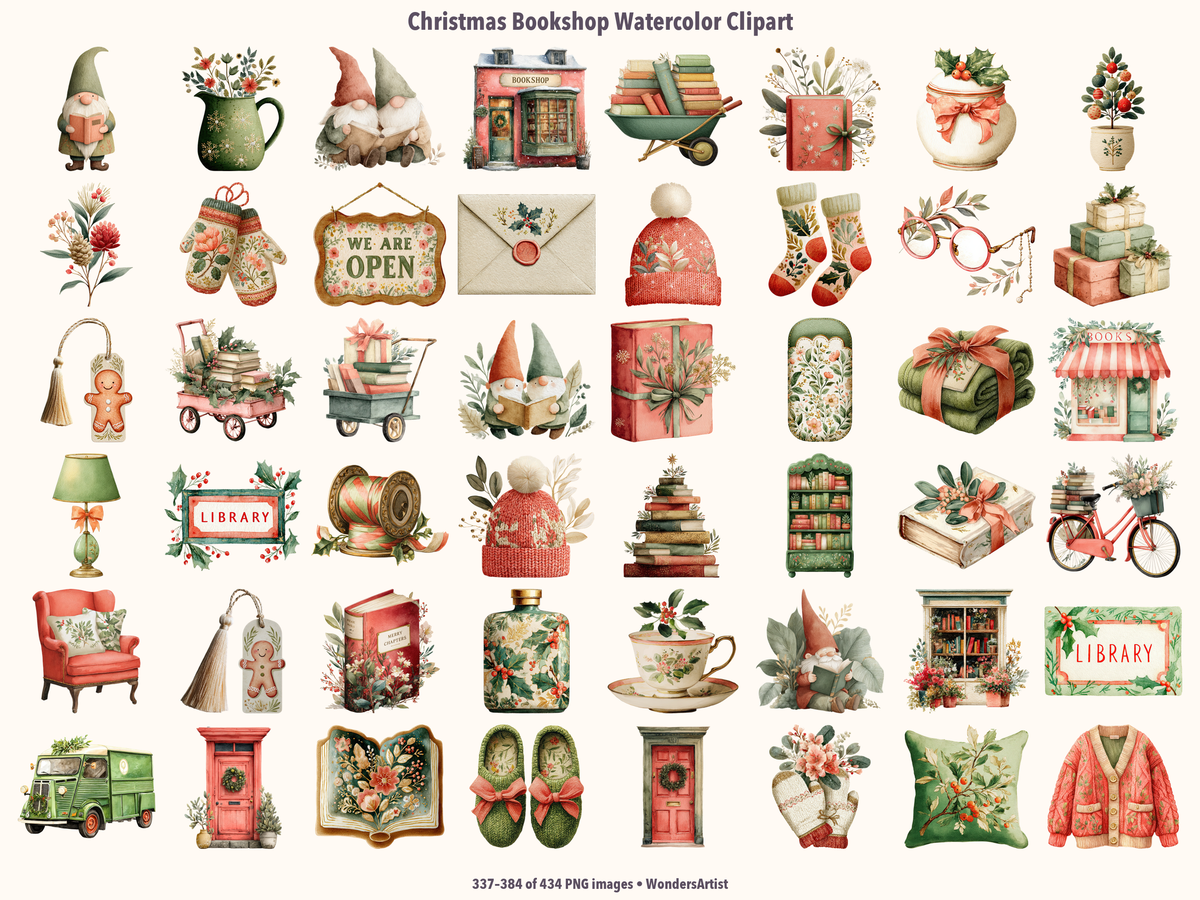 Christmas Bookshop Watercolor Clipart — preview grid 8