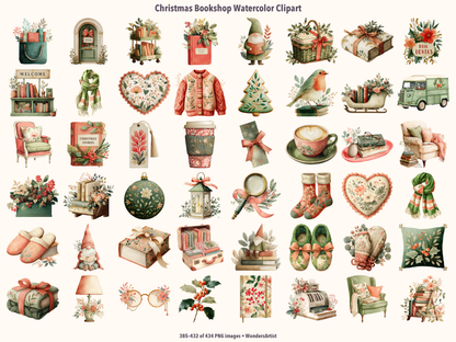 Christmas Bookshop Watercolor Clipart — preview grid 9