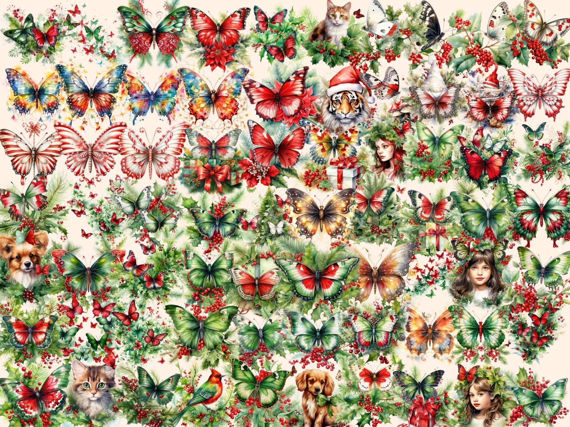 Christmas Butterflies Watercolor Clipart - High - Quality Instant Digital Download for Creative Projects