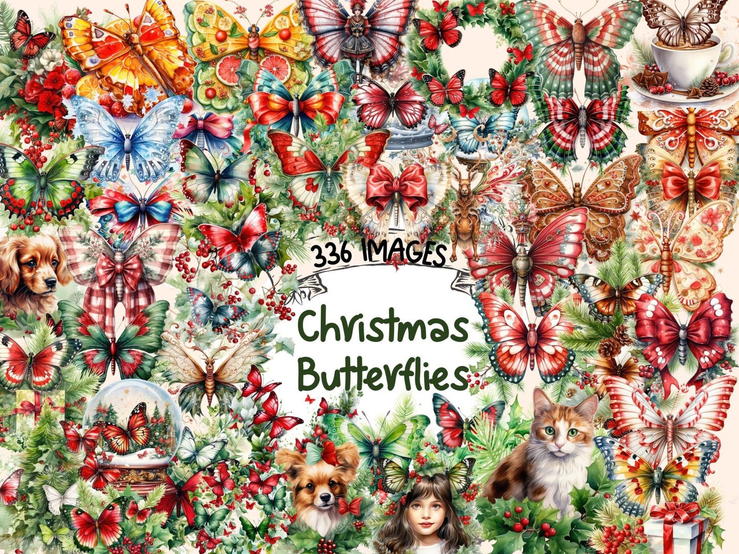 Christmas Butterflies Watercolor Clipart - High - Quality Instant Digital Download for Creative Projects