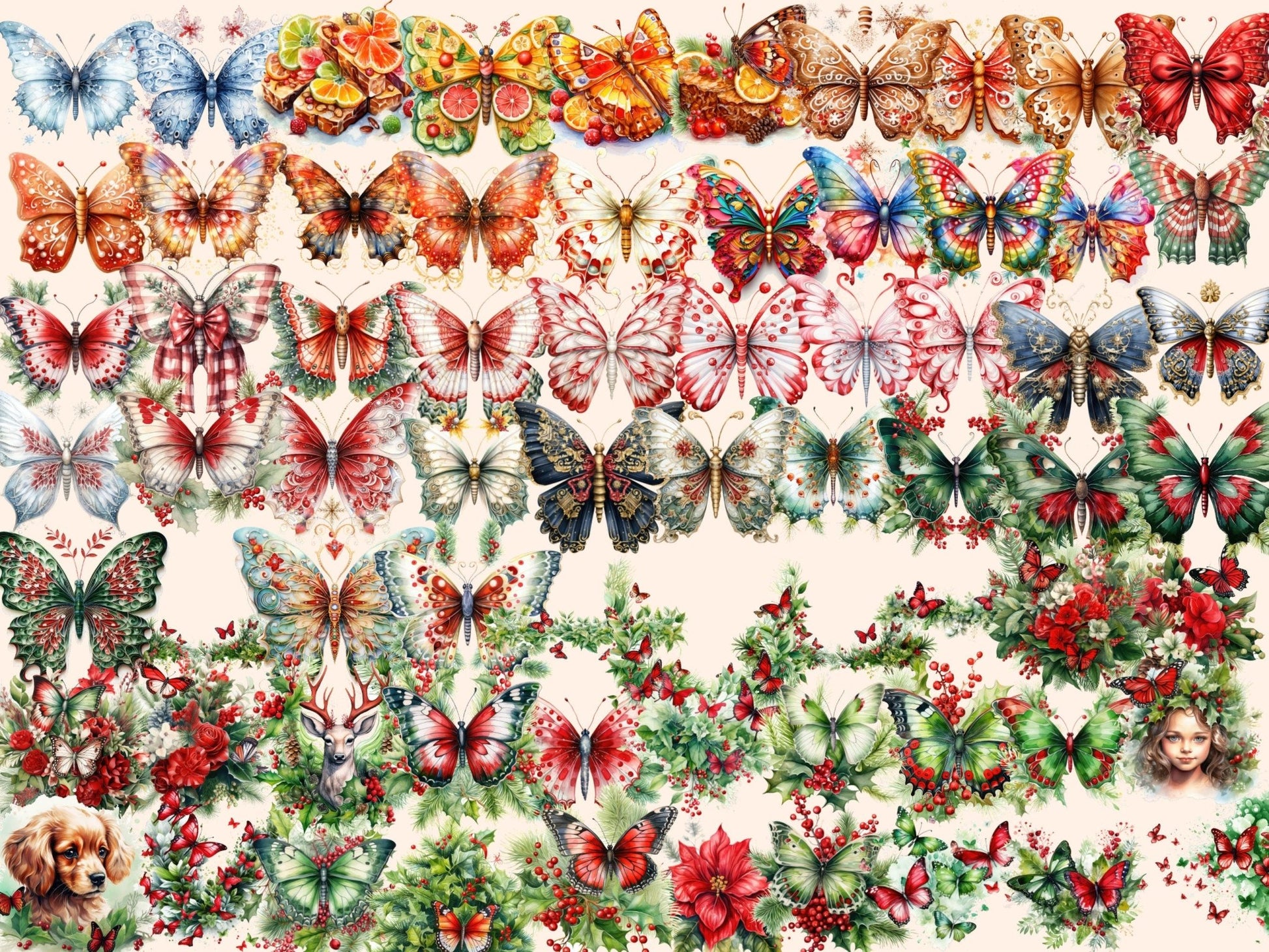 Christmas Butterflies Watercolor Clipart - High - Quality Instant Digital Download for Creative Projects