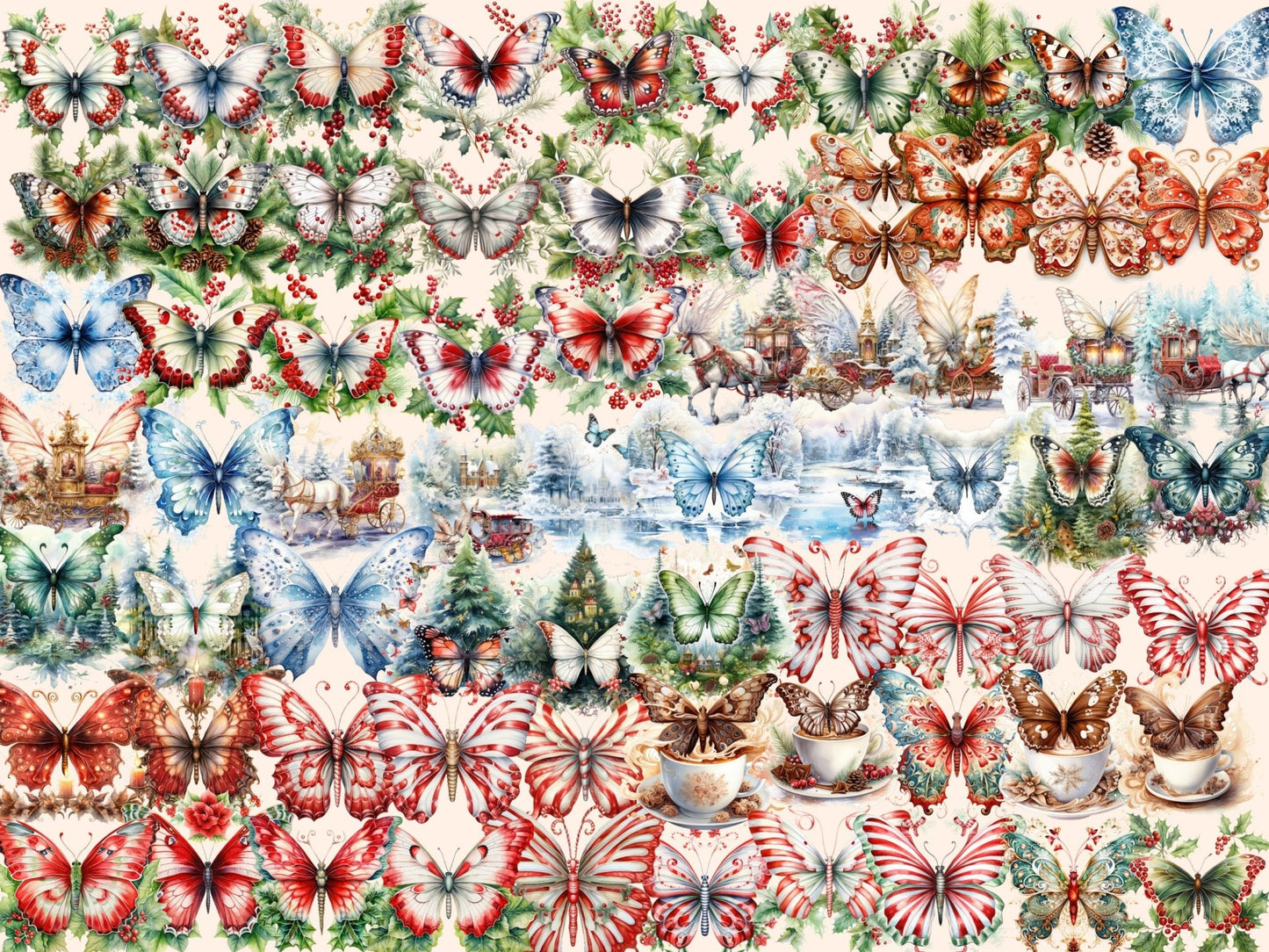 Christmas Butterflies Watercolor Clipart - High - Quality Instant Digital Download for Creative Projects