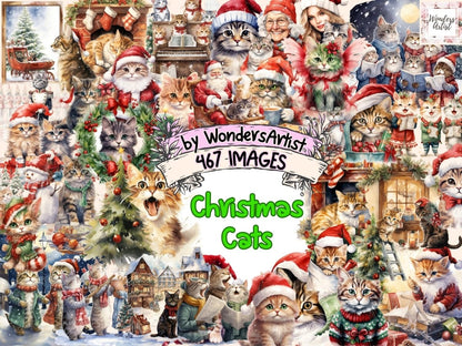 Christmas Cats Watercolor Clipart cat clipart - Wonders Artist