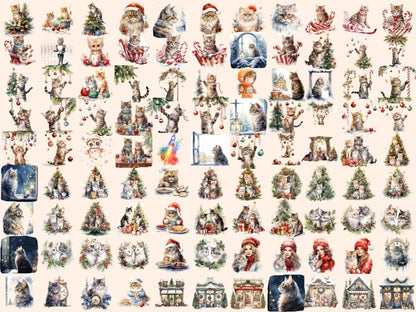 Christmas Cats Watercolor Clipart cat clipart - Wonders Artist
