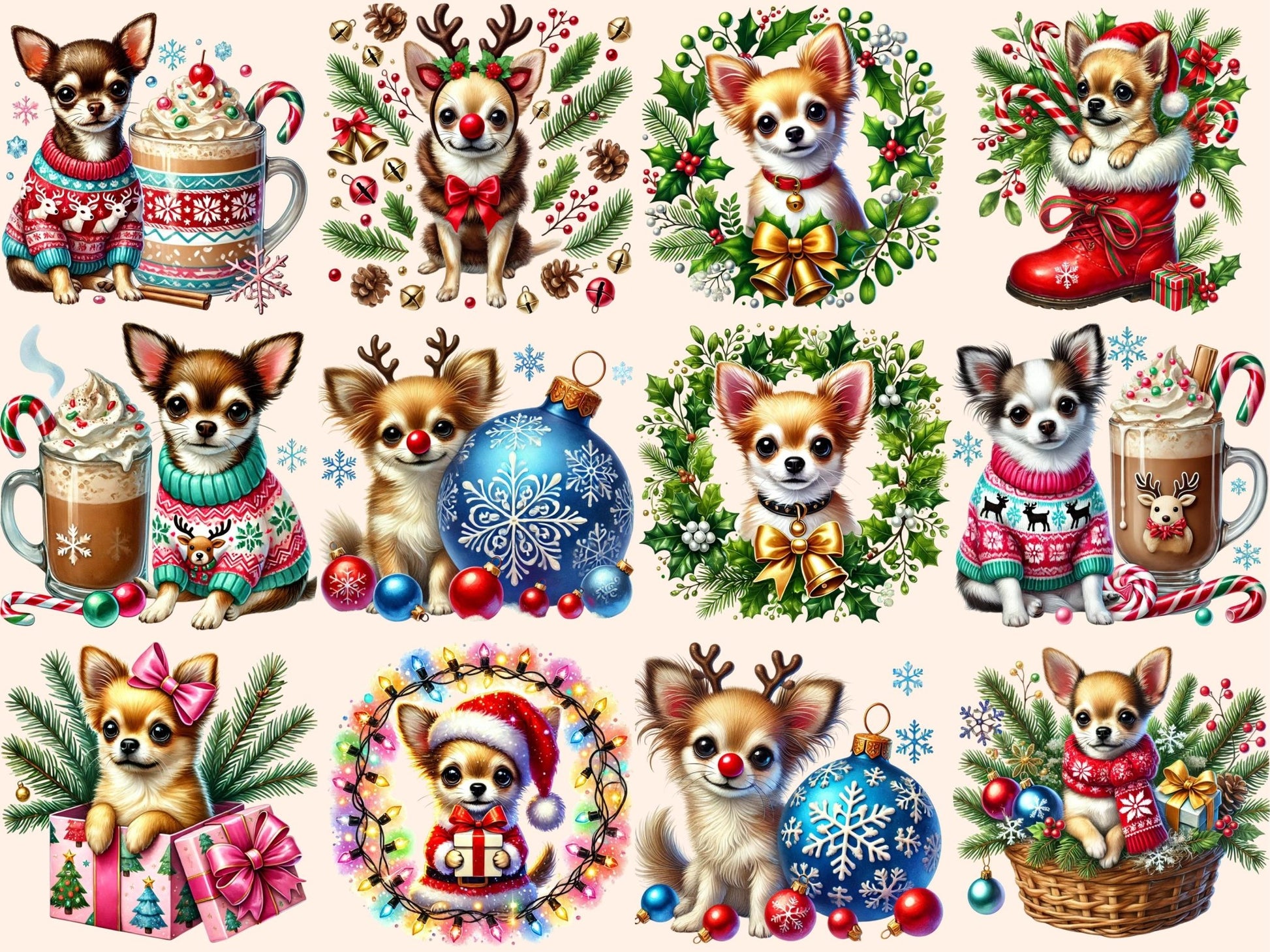 Christmas Chihuahuas Clipart - High - Quality Instant Digital Download for Creative Projects