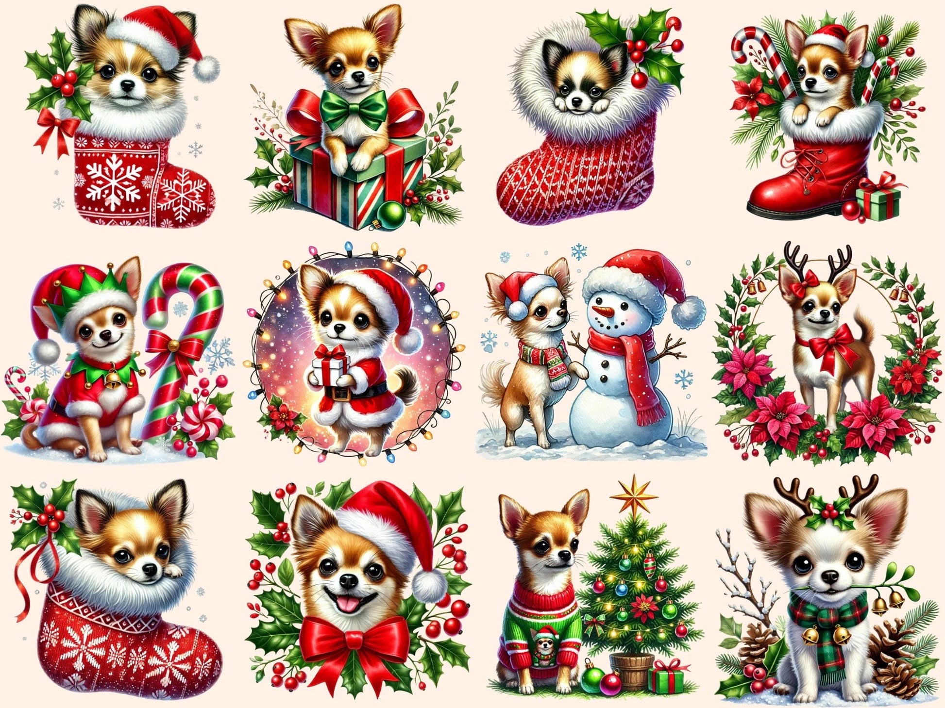 Christmas Chihuahuas (P2) Clipart - High - Quality Instant Digital Download for Creative Projects