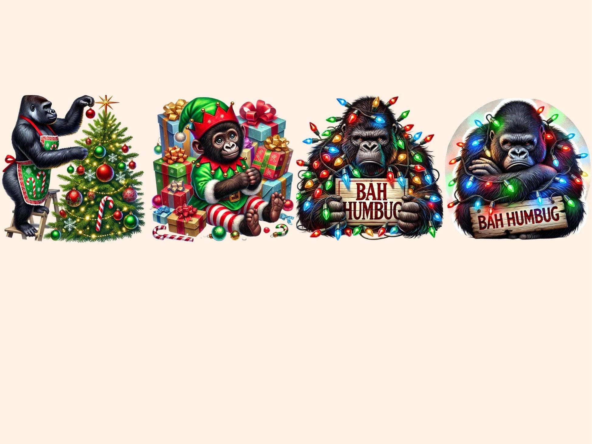 Christmas Gorillas Clipart - High - Quality Instant Digital Download for Creative Projects