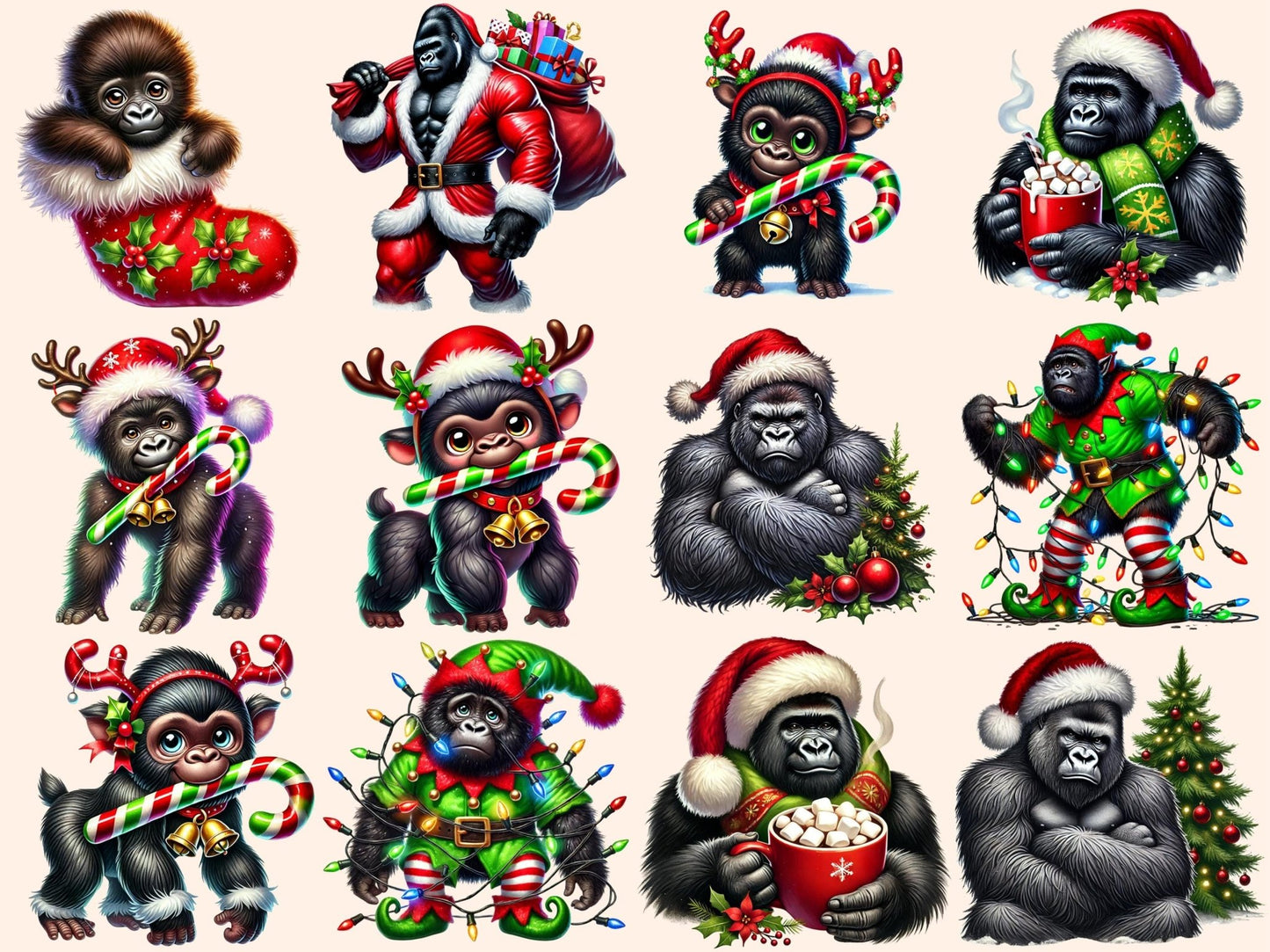 Christmas Gorillas Clipart - High - Quality Instant Digital Download for Creative Projects