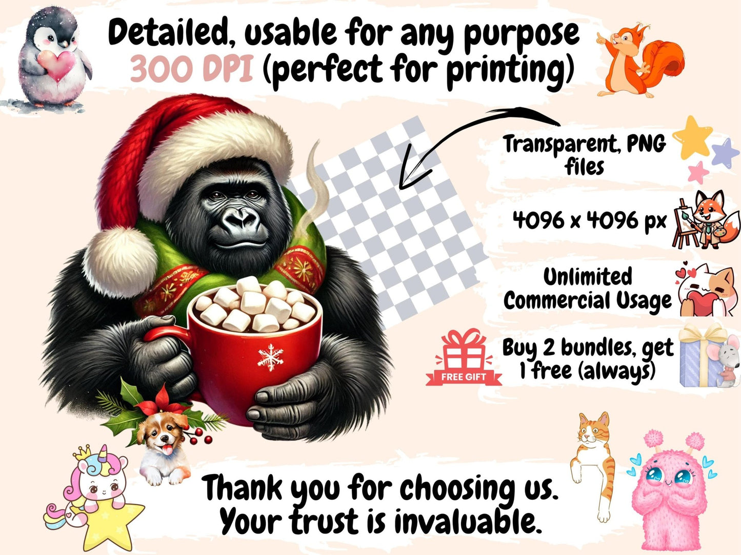 Christmas Gorillas Clipart - High - Quality Instant Digital Download for Creative Projects