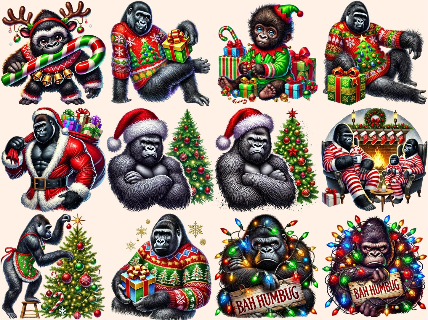 Christmas Gorillas Clipart - High - Quality Instant Digital Download for Creative Projects