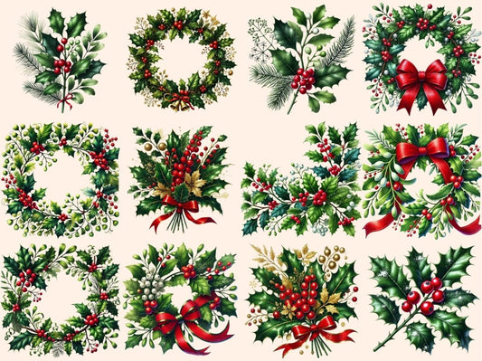 Vánoční cesmína a jmelí (P2) Klipart