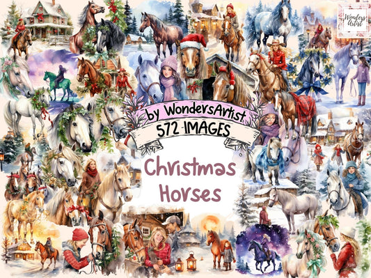 Christmas Horses Watercolor Clipart - High - Quality Instant Digital Download for Creative Projects